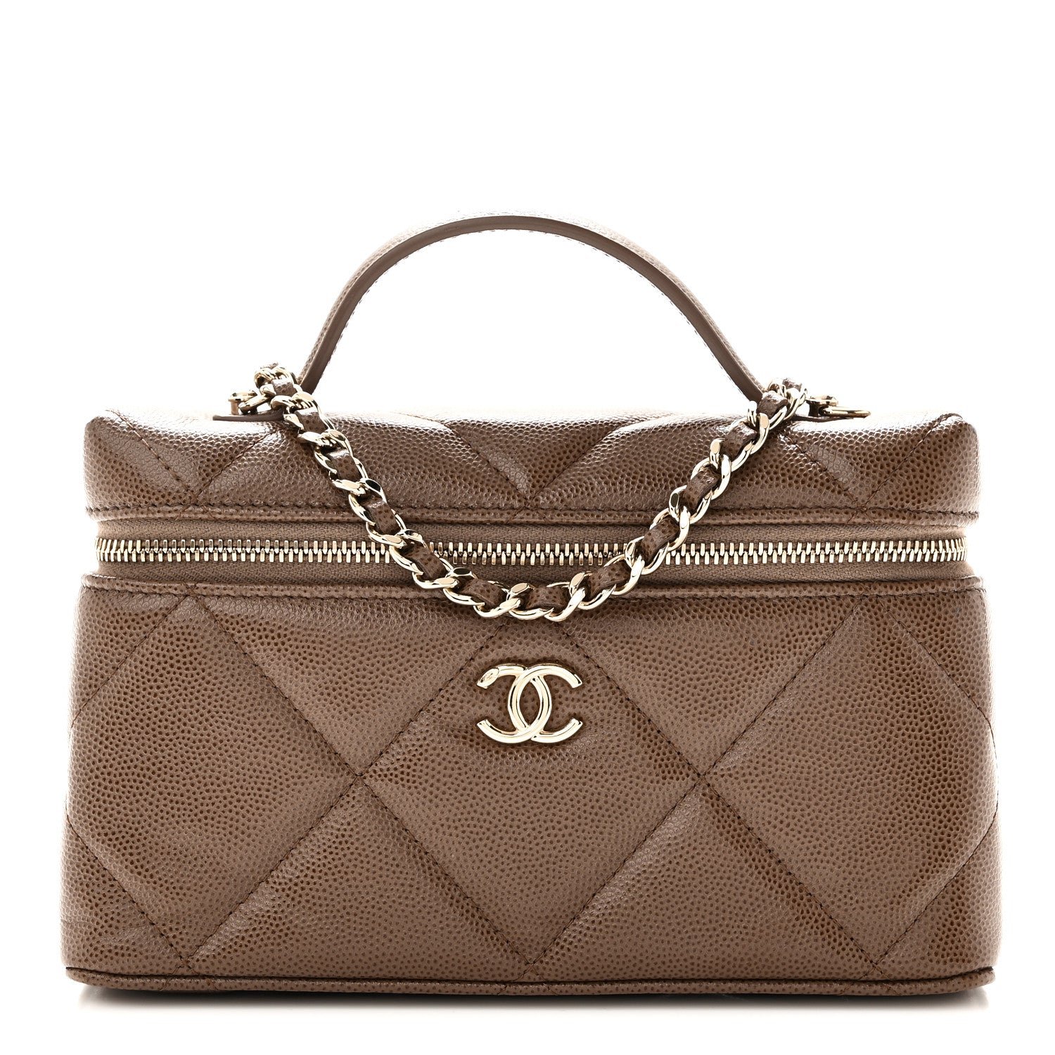 Chanel Caviar Quilted Top Handle Slim Vanity With Chain  Light Brown
