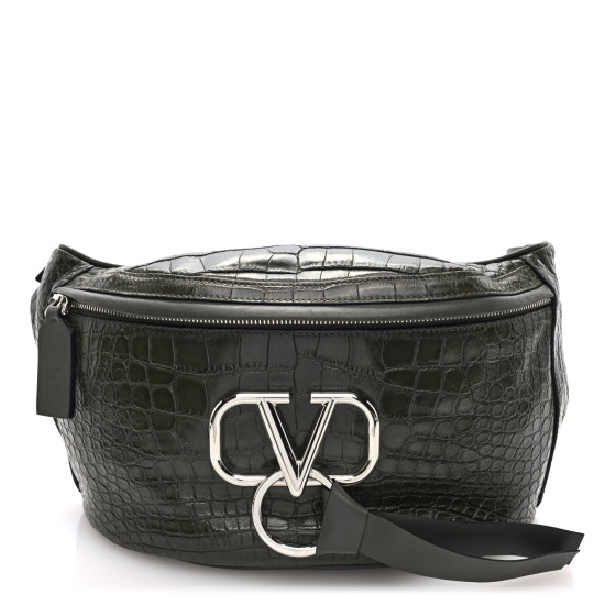 Valentino Garavani Shiny Calfskin Alligator Embossed VRing Belt Bag Khaki