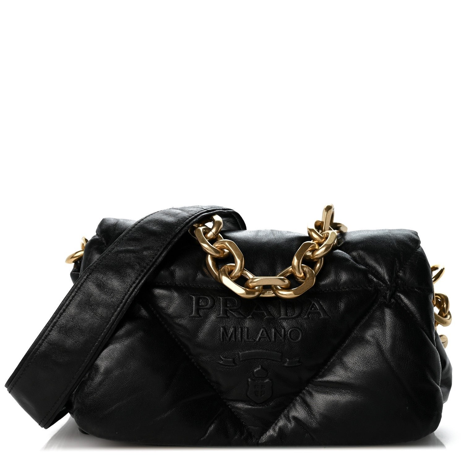 Prada Nappa Soft Padded Logo Embossed Triangle Quilted Small Shoulder Bag Black