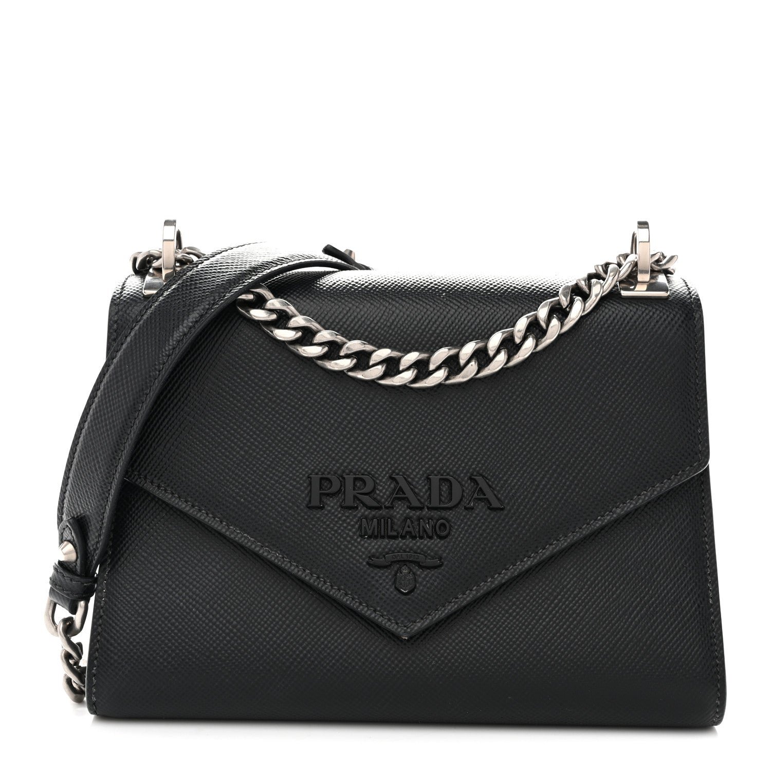 Prada Saffiano Cuir Calfskin Monochrome Envelope Flap Chain Shoulder Bag Black
