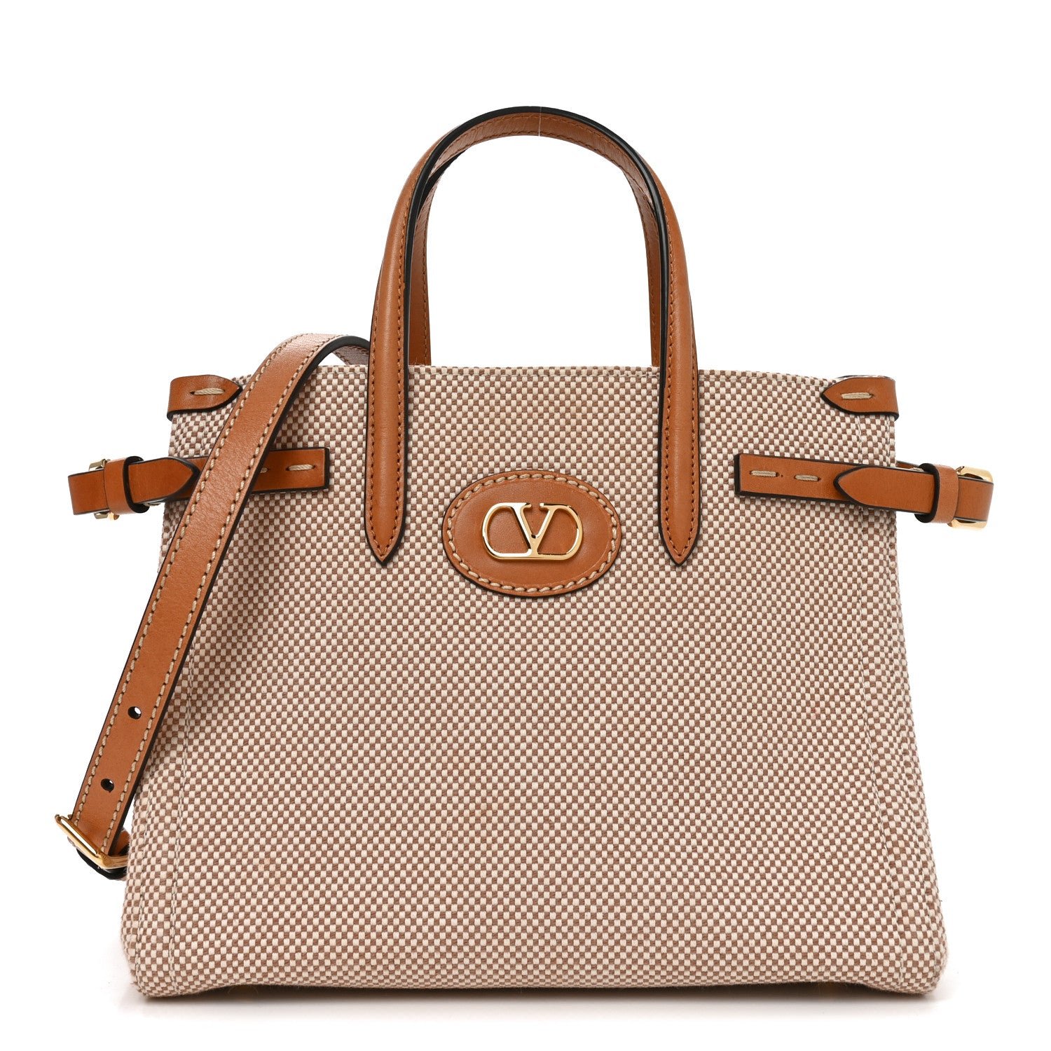Valentino Garavani Cotton Canvas Calfskin Vlogo Small Antibes Tote Naturale Tobacco
