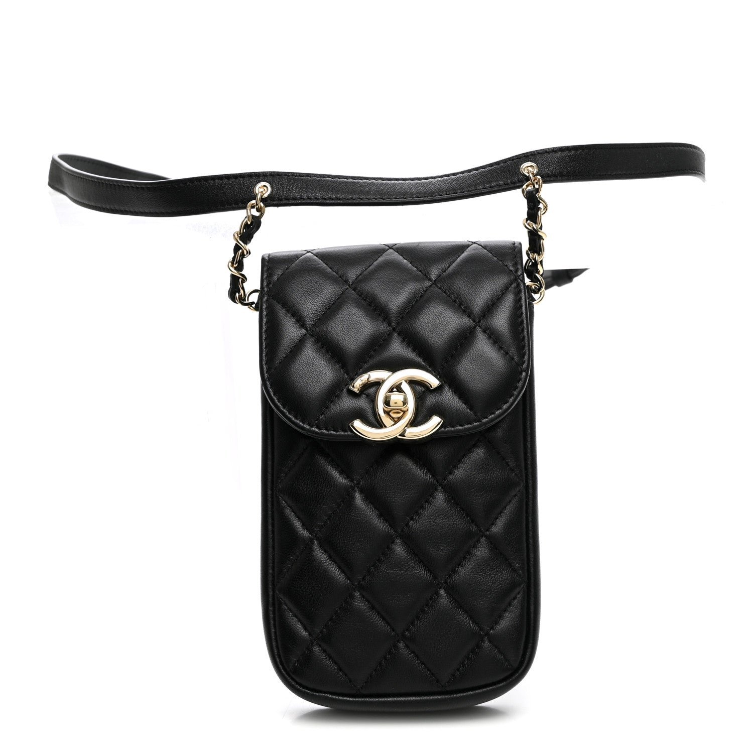 Chanel Lambskin Quilted Phone Chain Clutch Waist Bag Black