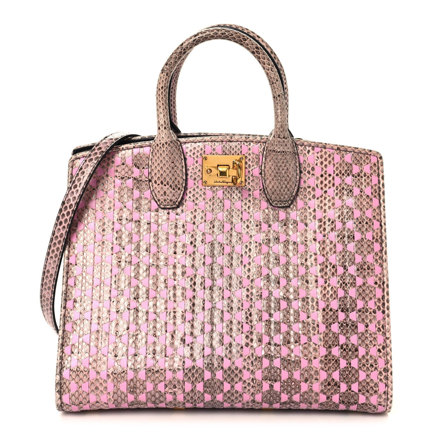 Salvatore Ferragamo Salvatore Ferragamo Calfskin Snakeskin Woven The Studio Box Tote Pink Brown
