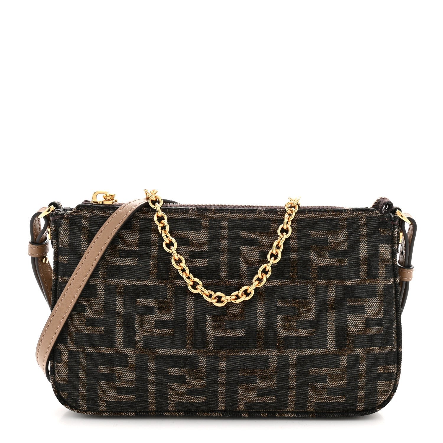 Fendi Fabric Jacquard Vitello Grace FF 1974 Baguette Pouch Tobacco Moro Sand