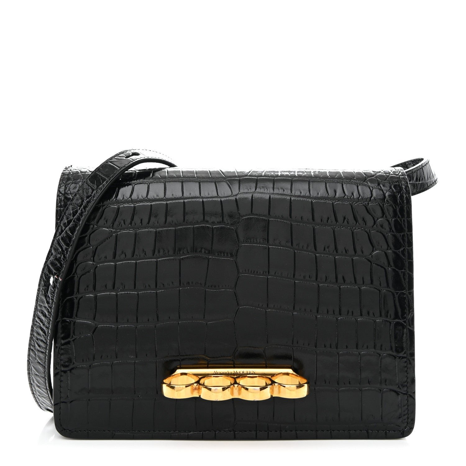 Alexander McQueen Alexander McQueen Calfskin Crocodile Embossed Four Ring Knuckle Crossbody Bag Black