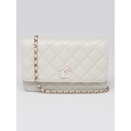 Chanel Chanel Light Grey Quilted Caviar Leather Crystal CC WOC Clutch Bag