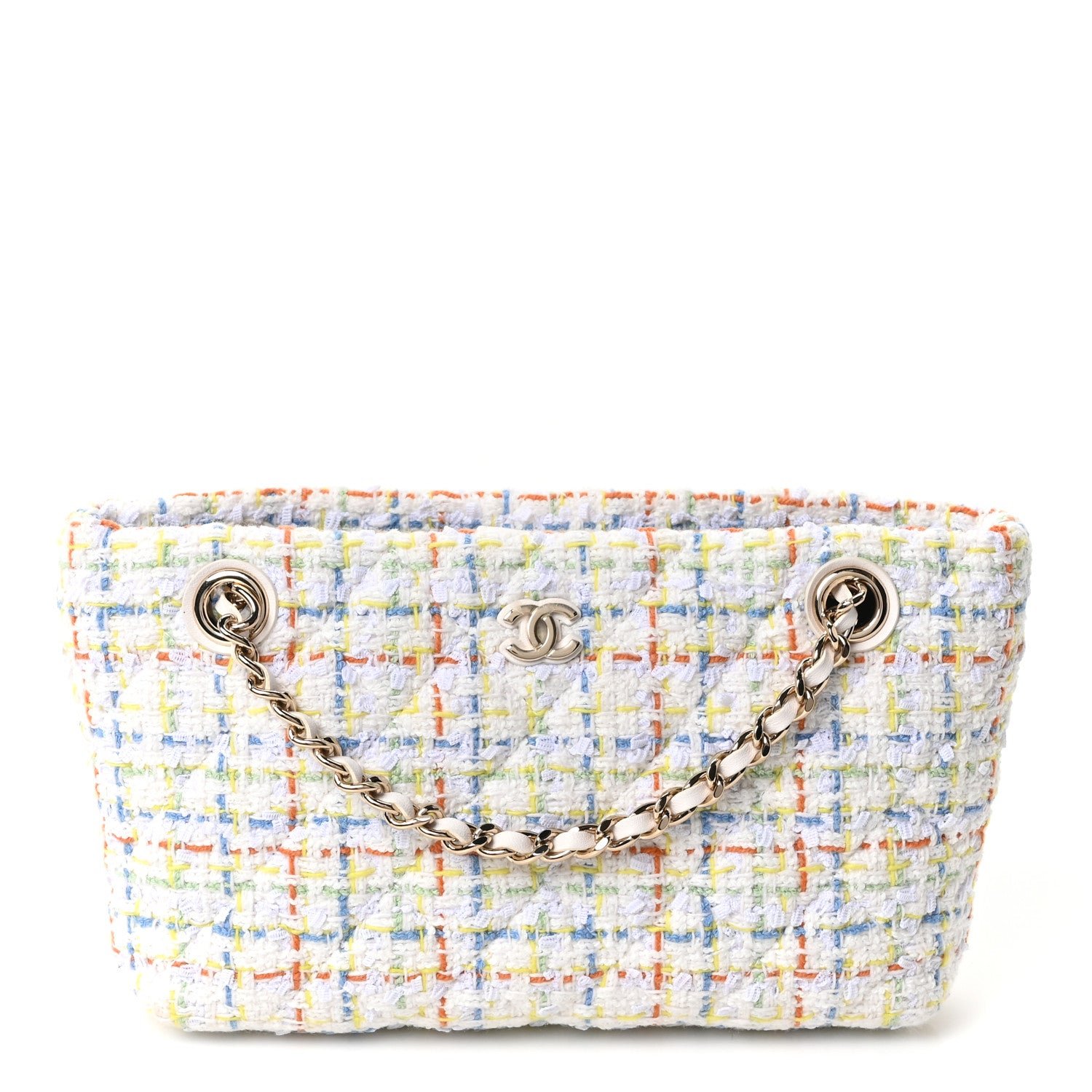 Chanel Tweed Quilted Classic Clutch Tote With Chain White Multicolor