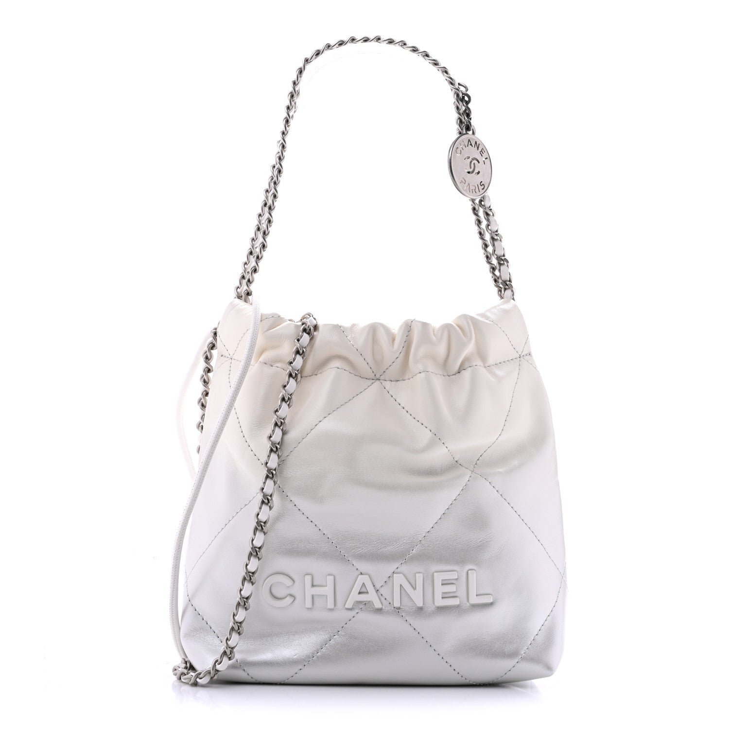 Chanel Metallic Shaded Calfskin Quilted Mini Chanel 22 White Silver