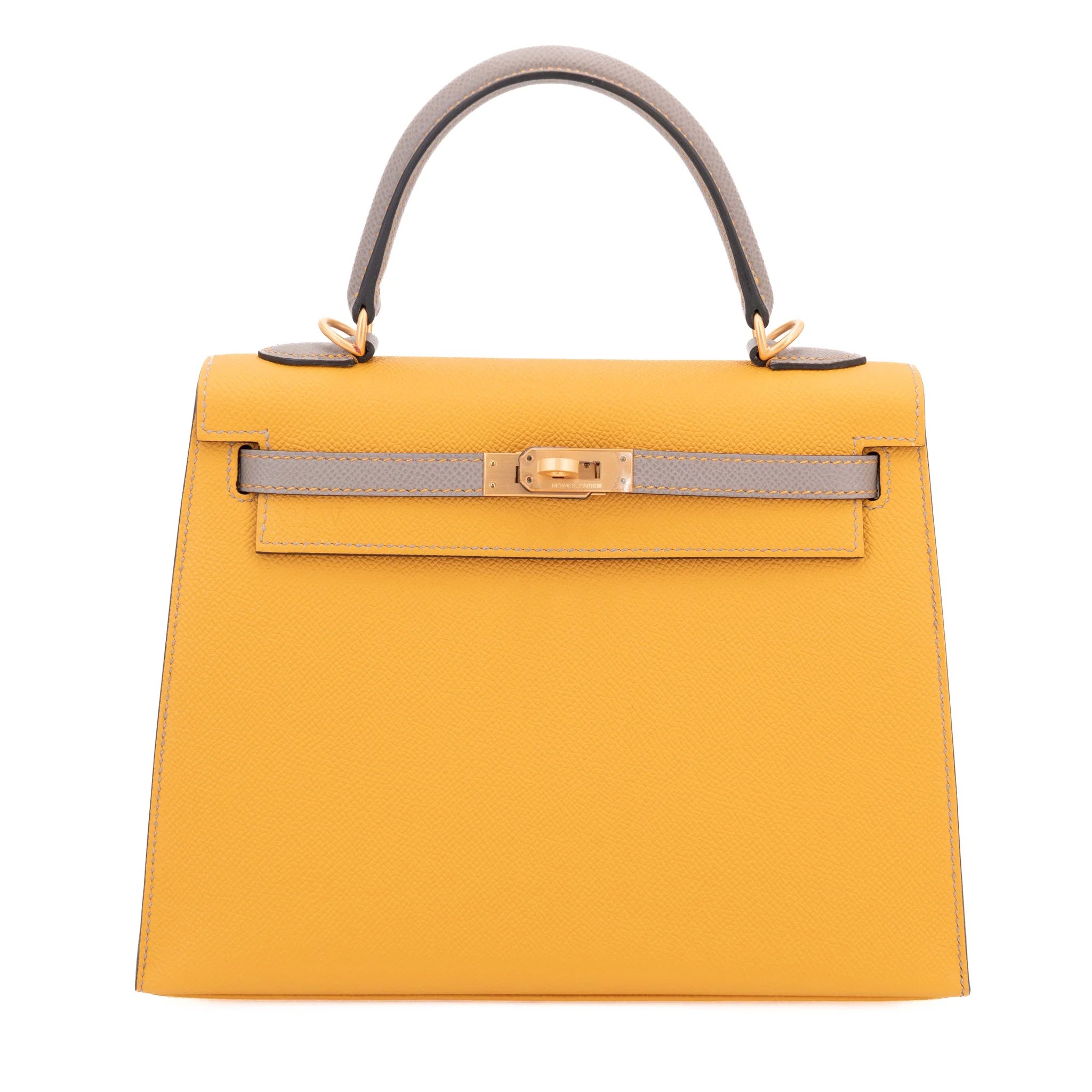 Unused ( Rank NS ) HERMÈS Kelly 25 Sellier HSS Jaune Ambre (9D) Gris Asphalte (M8) Epsom Brushed Gold hardware D (2019)