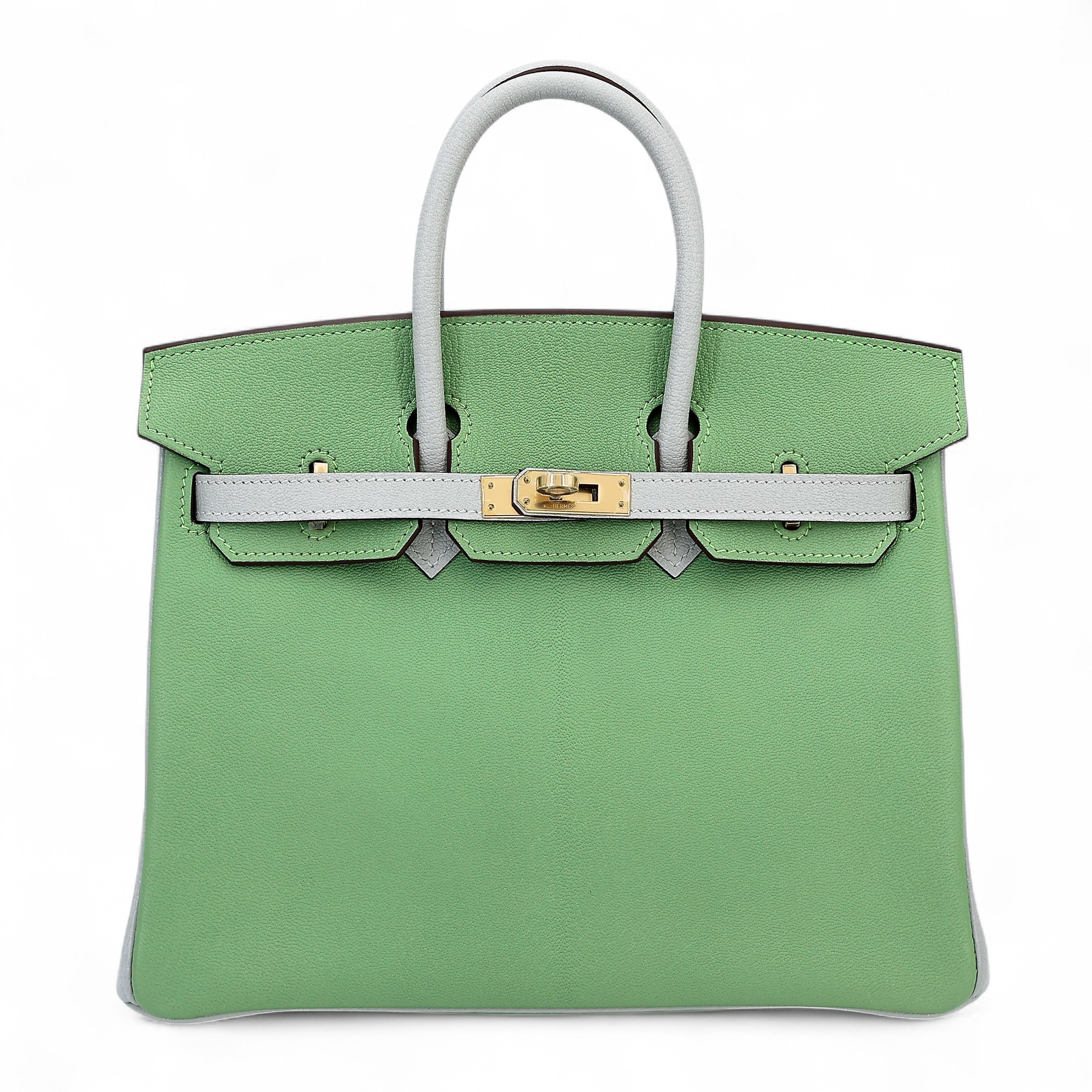 Hermes Unused ( Rank NS ) HERMÈS Special Order Birkin 25 HSS Vert Criquet (3I) Gris Perle (80) Chevre Permabrass hardware B (2023)