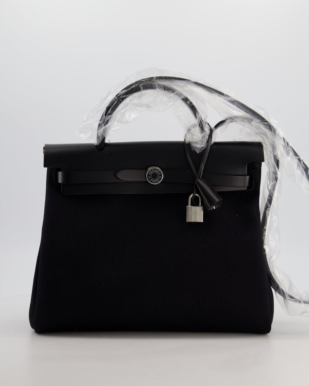 Hermès Herbag 31 Zip Bag in Noir Toile Officier Canvas, Noir Vache Hunter Leather with Palladium Hardware