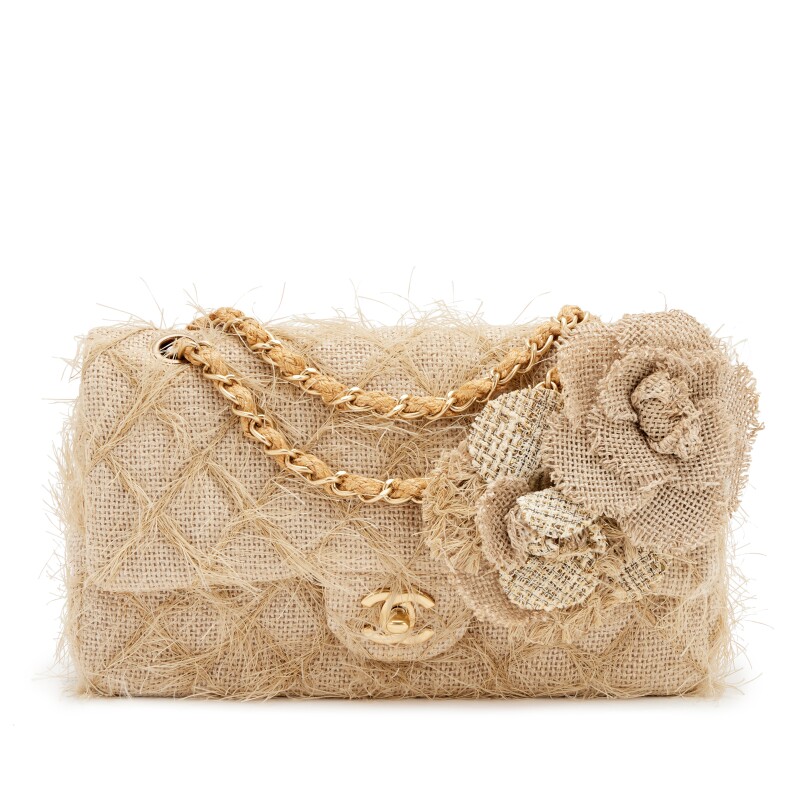 Taupe Beige Quilted Camellia Straw Jute Raffia Medium Flap Bag Brush Gold Hardware, 2010