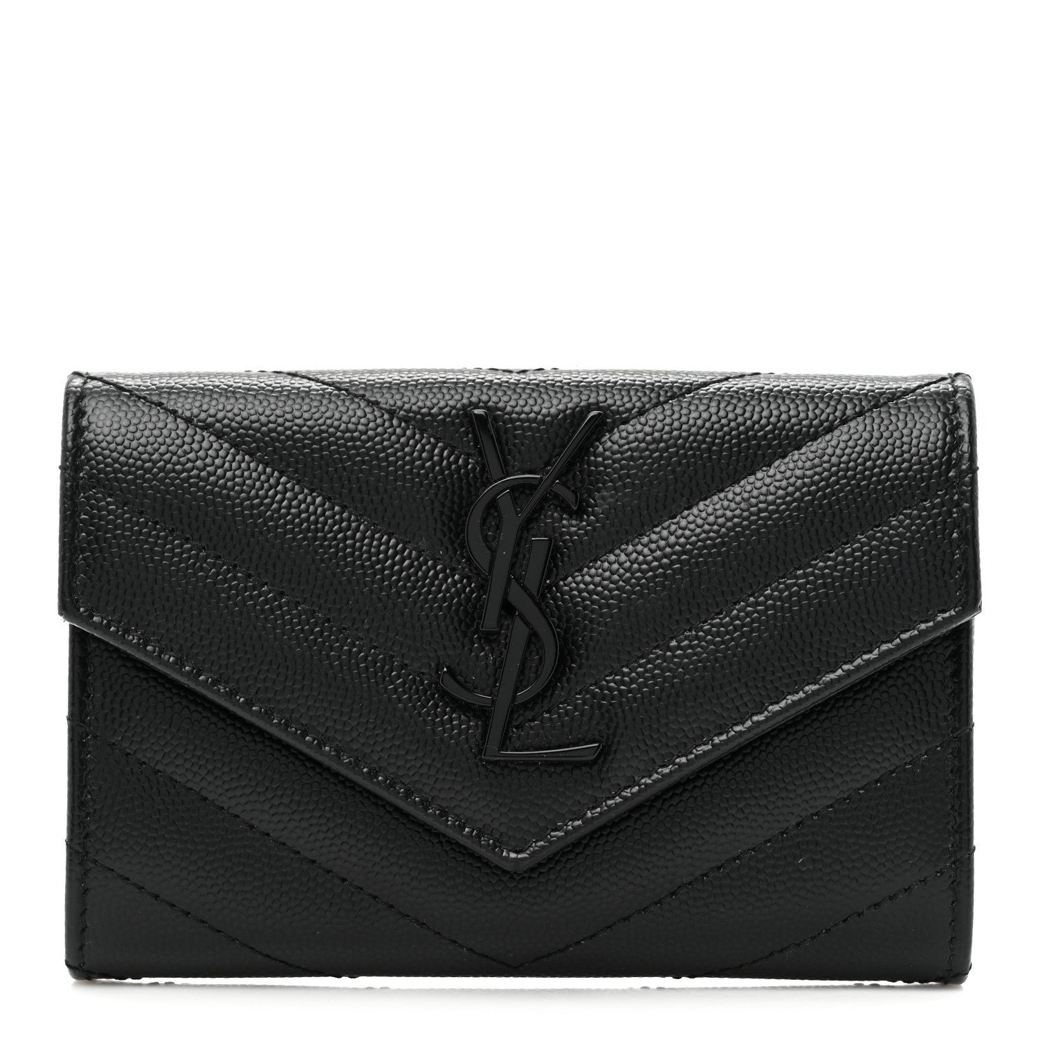 Saint Laurent Grain De Poudre Matelasse Chevron Small Monochrome Monogram Envelope Wallet Black
