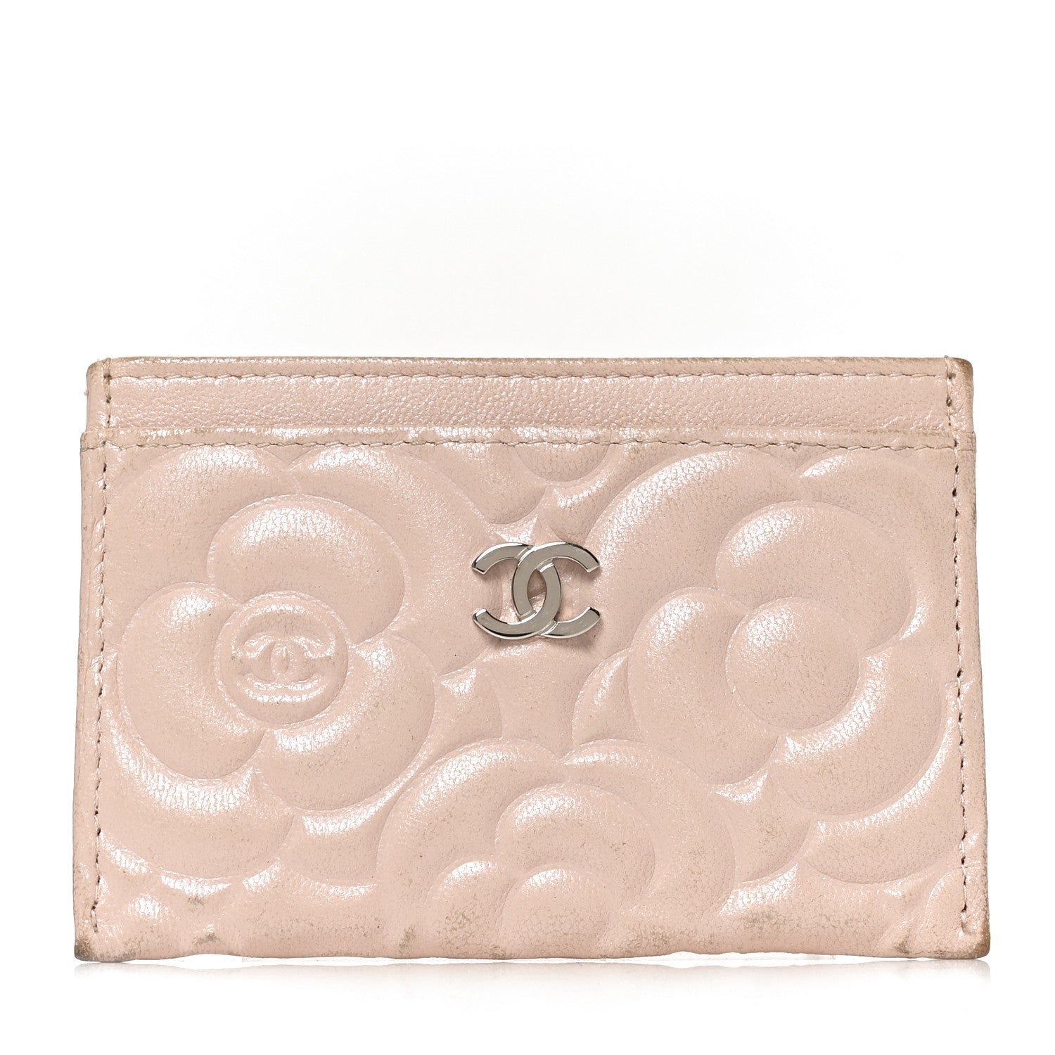 Chanel Iridescent Lambskin Camellia Embossed Card Holder Light Pink