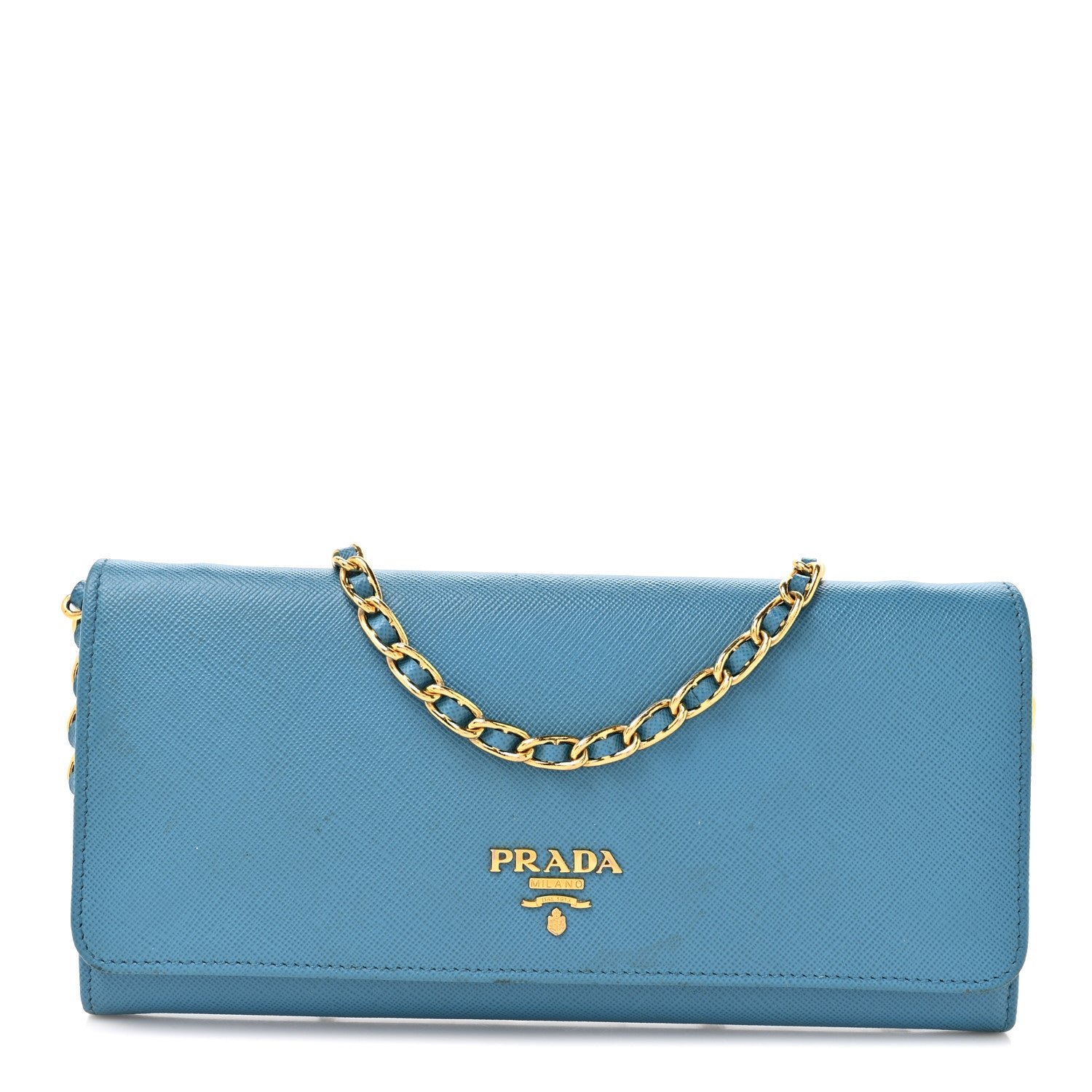 Prada Saffiano Metal Oro Chain Wallet Celeste