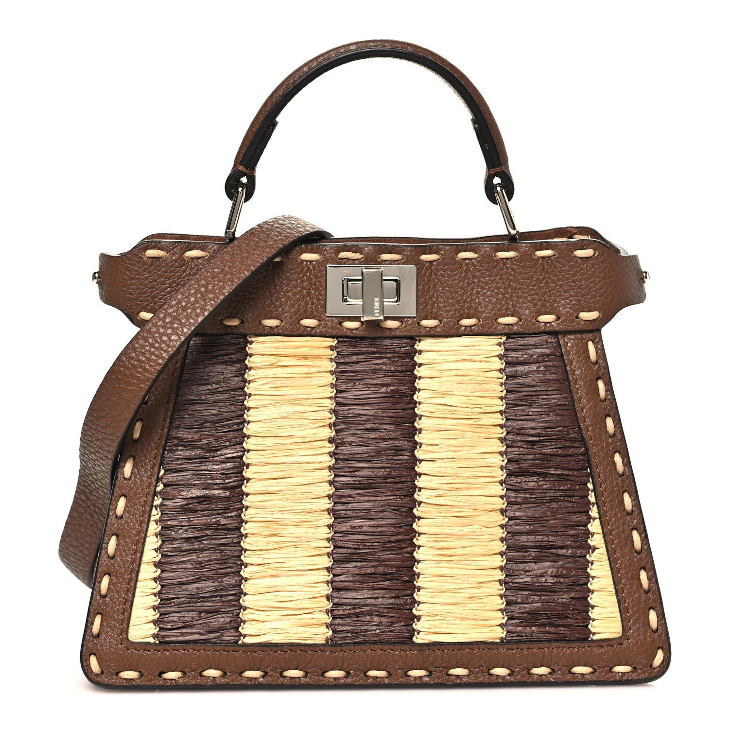 Fendi Cuoio Romano Raffia Woven Petite Peekaboo I SEE U Satchel Natural Gianduia