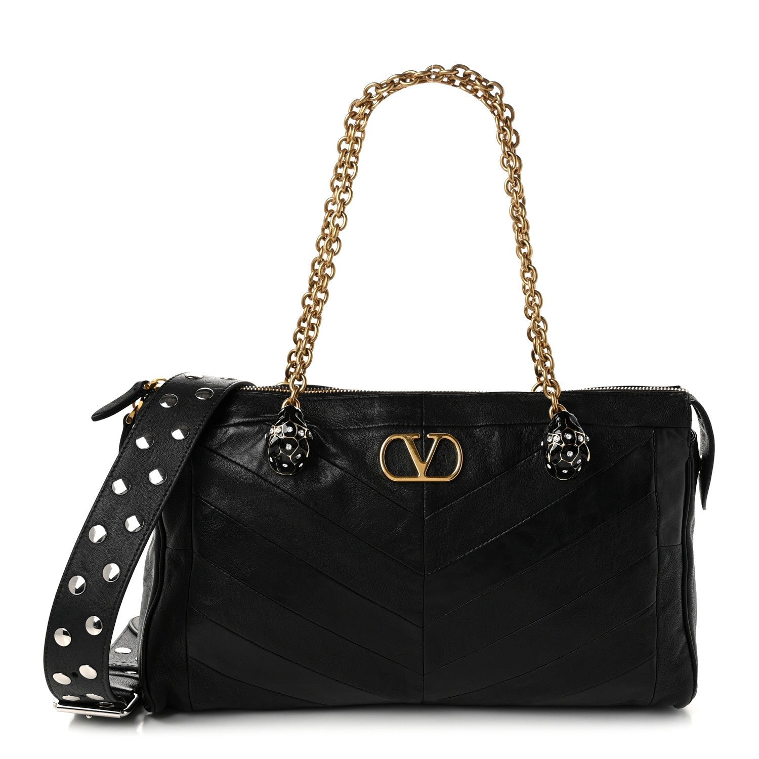 Valentino Garavani Valentino Garavani Shiny Nappa Crystal Chevron Patchwork Medium Panthea Bag Black