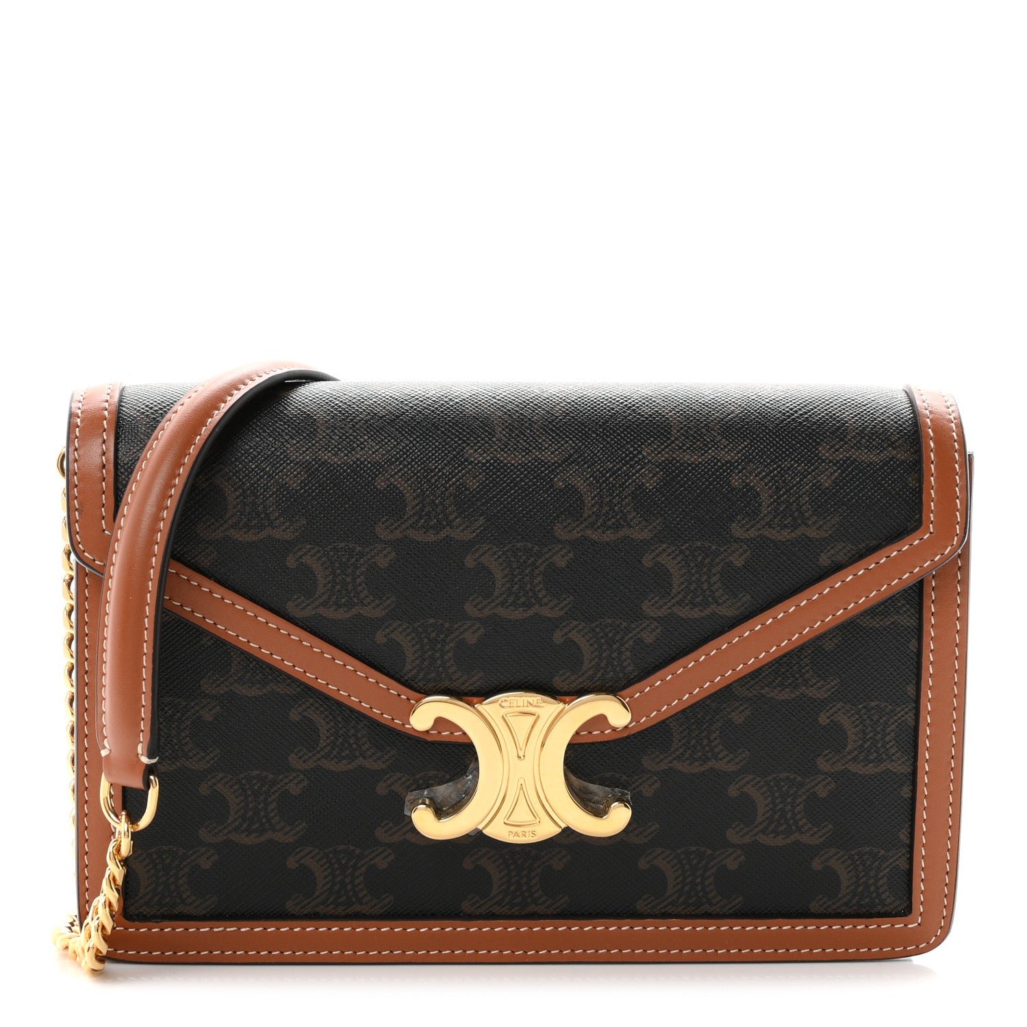 Celine Triomphe Canvas Calfskin Margo Wallet on Chain Tan