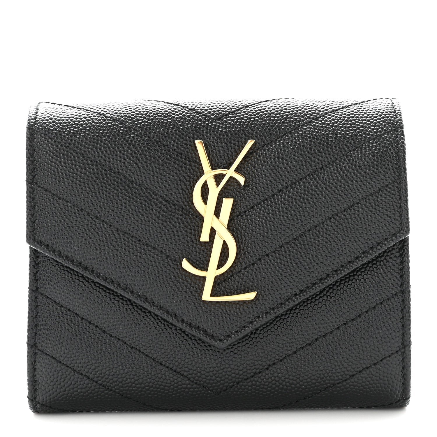 Saint Laurent Grain De Poudre Matelasse Chevron Monogram Compact Tri Fold Wallet Black