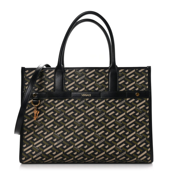 Versace Coated Canvas Calfskin La Greca Signature Tote Bag Black Khaki