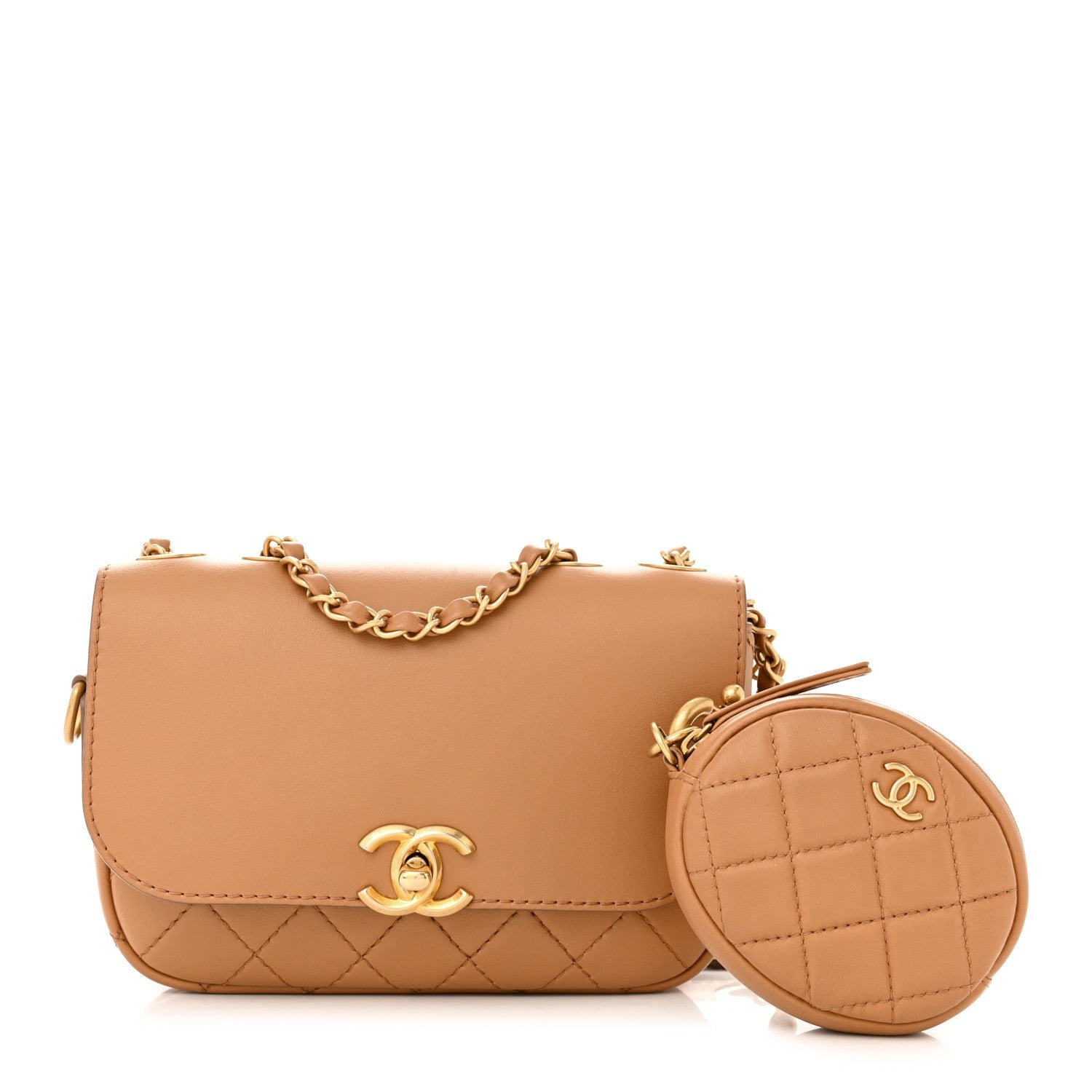 Chanel Calfskin Quilted Multi Pouching Flap And Coin Purse Beige