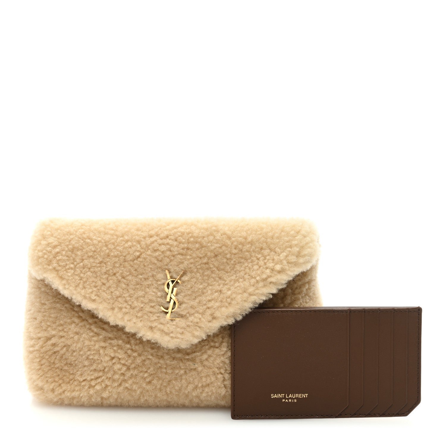 Saint Laurent Shearling Quilted Monogram Loulou Puffer Pouch Clutch Natural Beige Brick