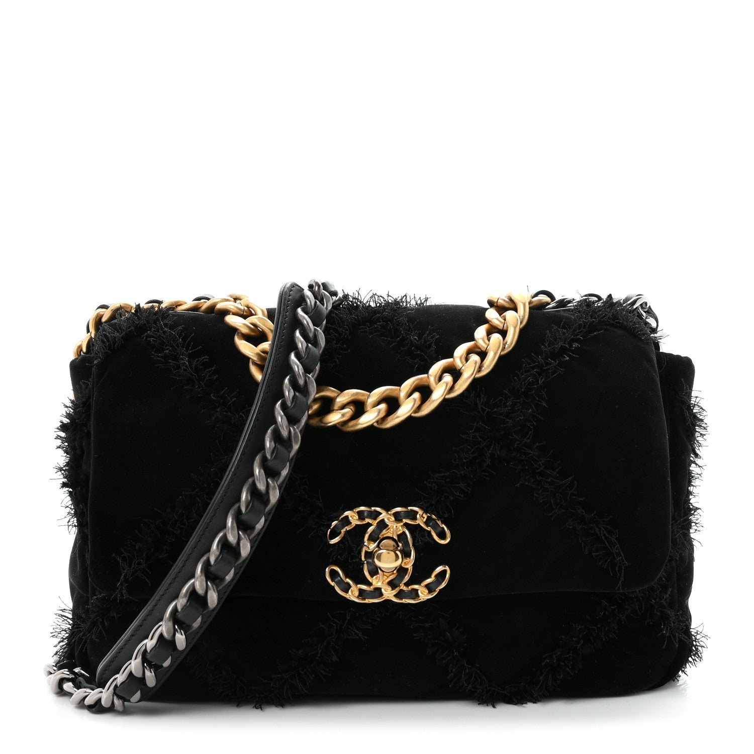 Chanel Velvet Tweed Quilted Medium Chanel 19 Flap Black