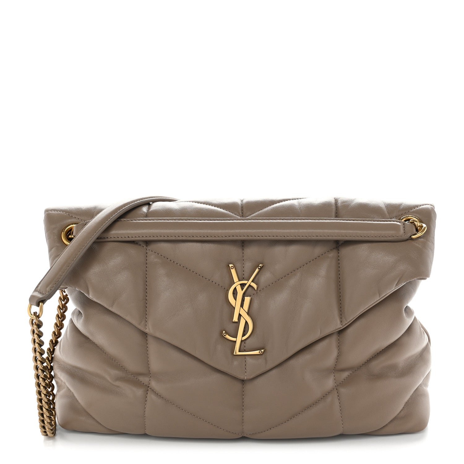 Saint Laurent Lambskin Quilted Medium Loulou Puffer Monogram Chain Satchel Dark Beige