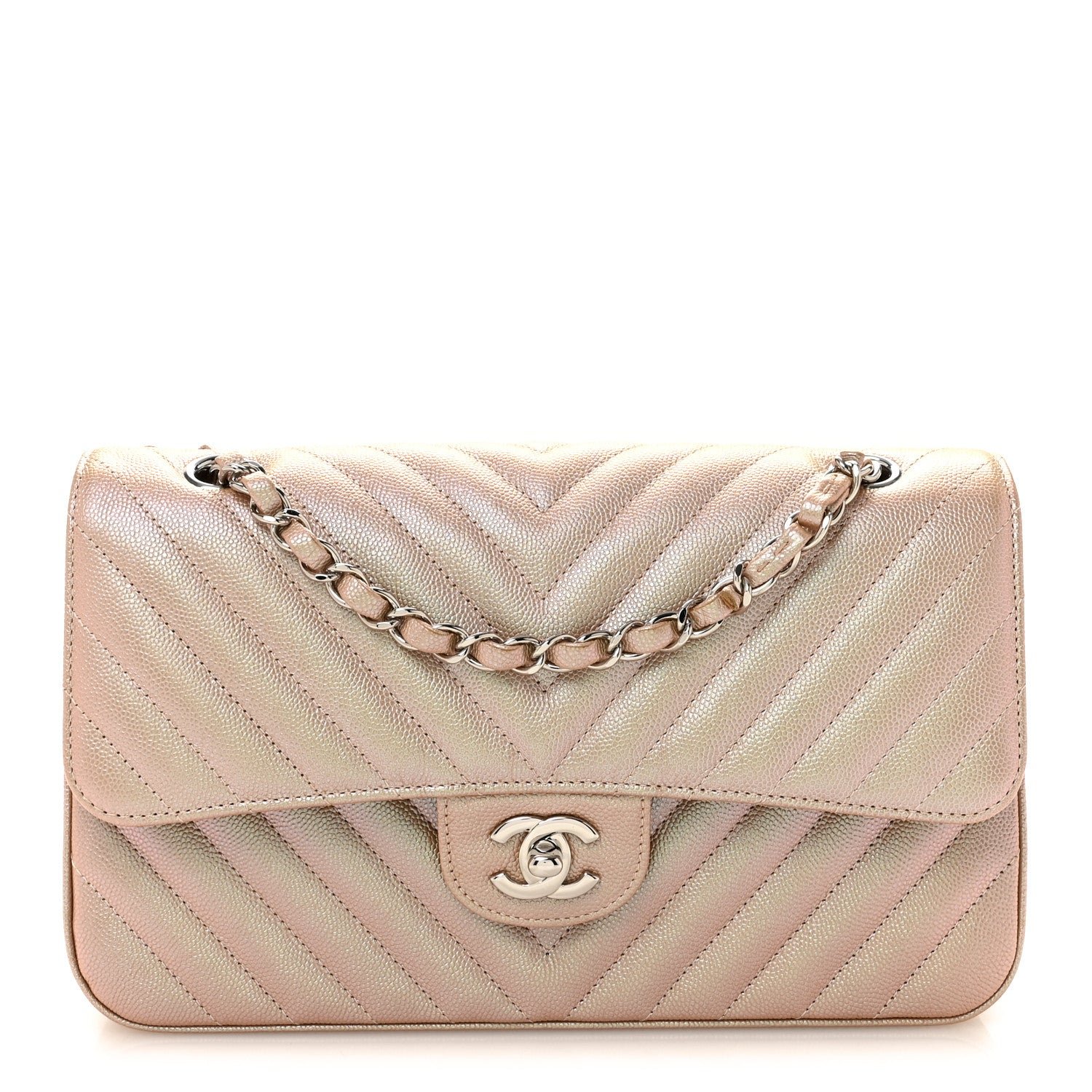 Chanel Metallic Caviar Chevron Quilted Medium Double Flap Light Gold