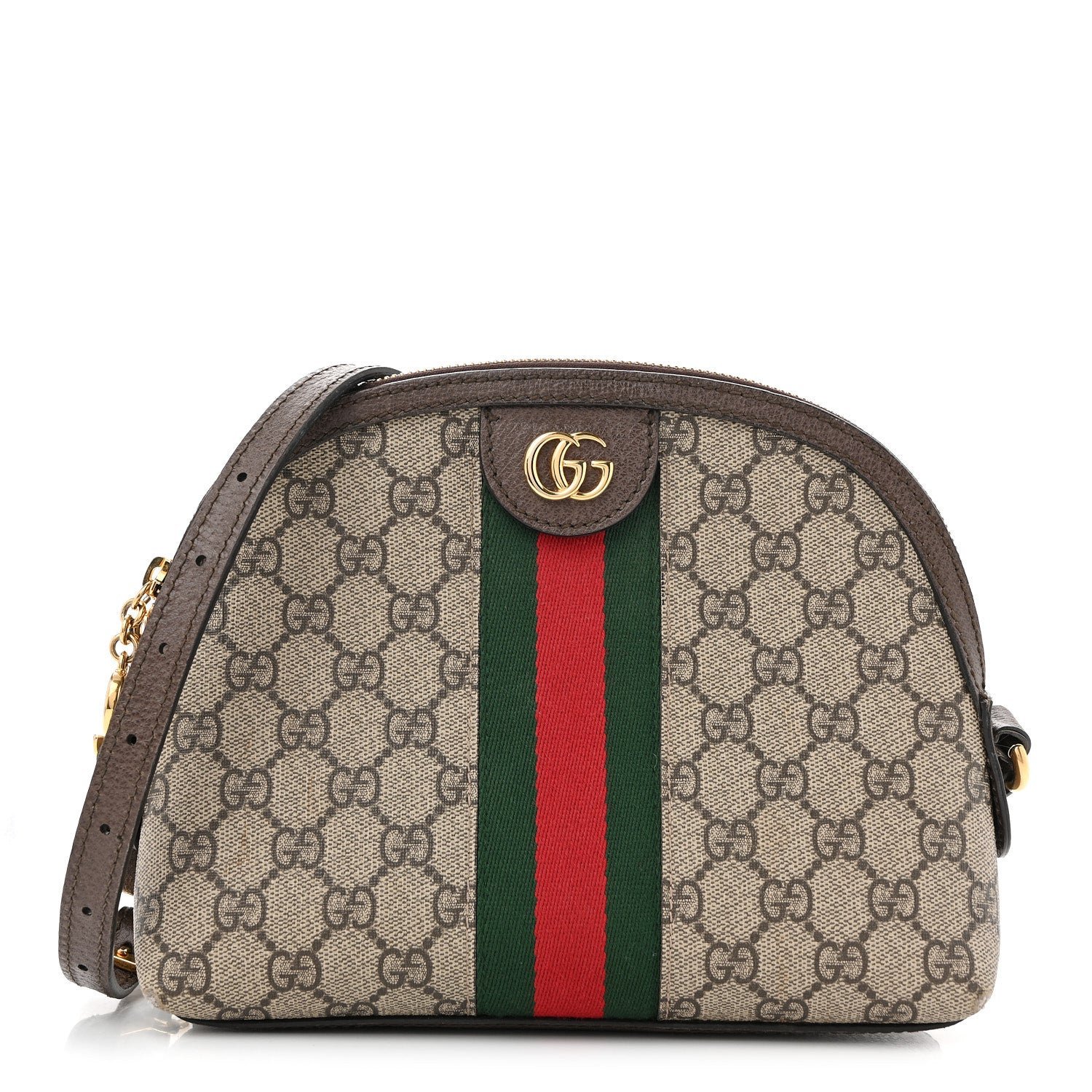 Gucci GG Supreme Monogram Textured Dollar Calfskin Web Small Ophidia Dome Shoulder Bag Beige Ebony New Acero