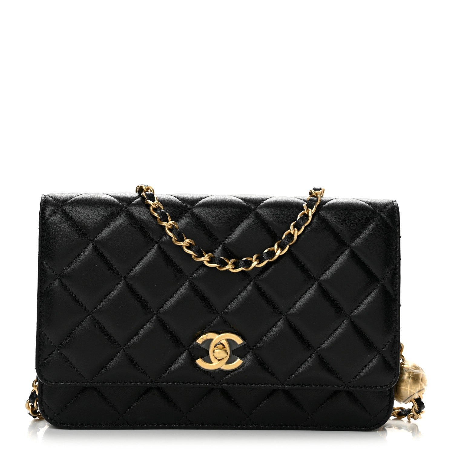 Chanel Lambskin Quilted CC Pearl Crush Wallet on Chain WOC Black