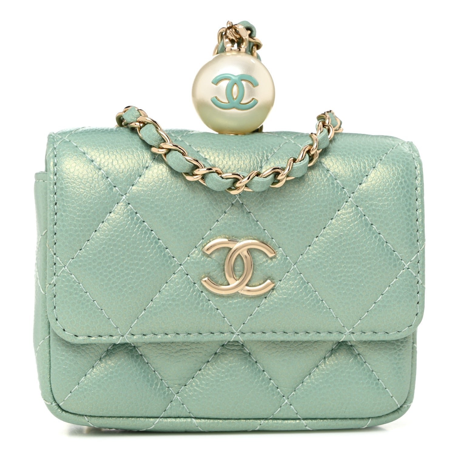 Chanel Iridescent Caviar Quilted Pearl On Top Coin Purse With Chain Light Green
