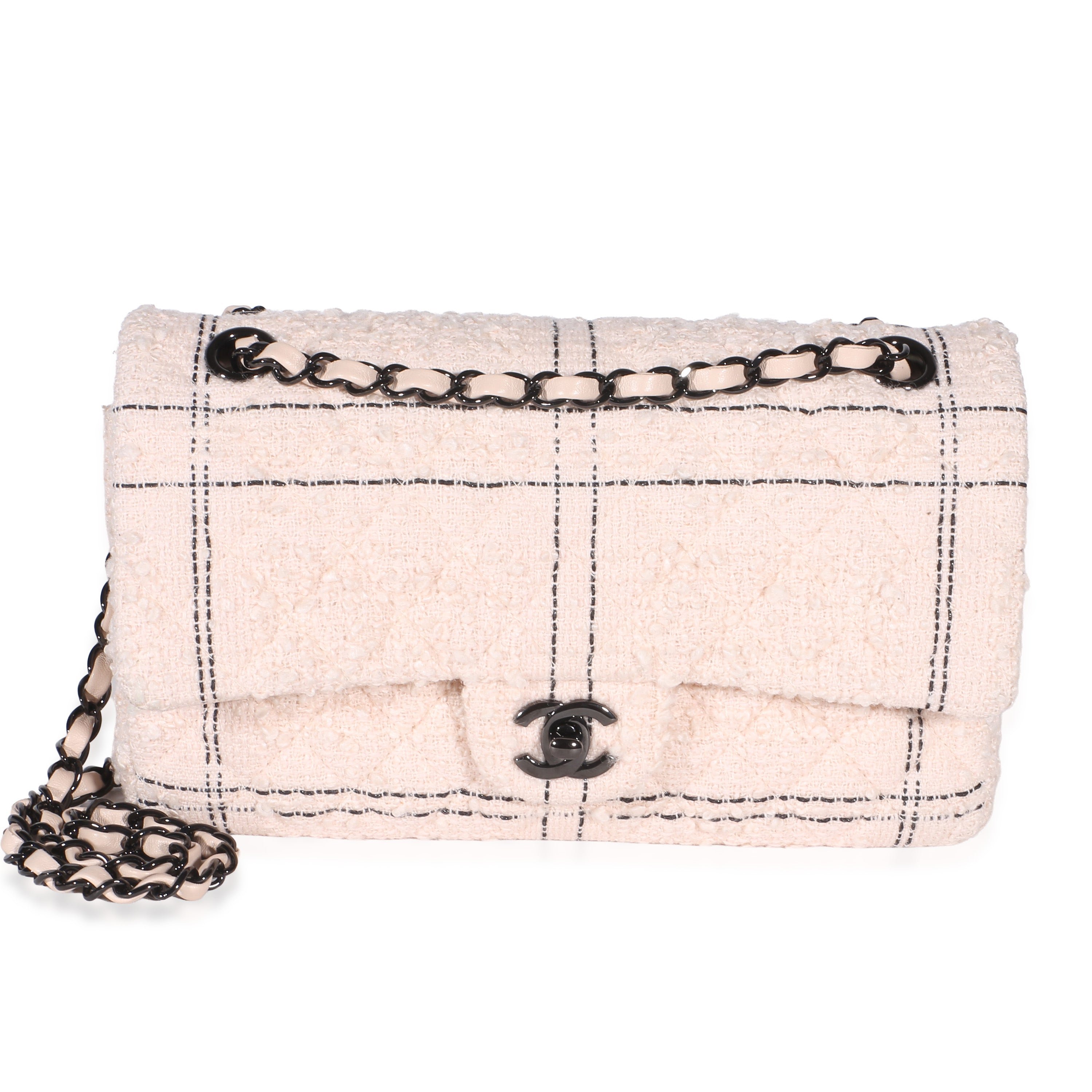 Light Pink Multicolor Quilted Tweed Medium Double Flap Bag