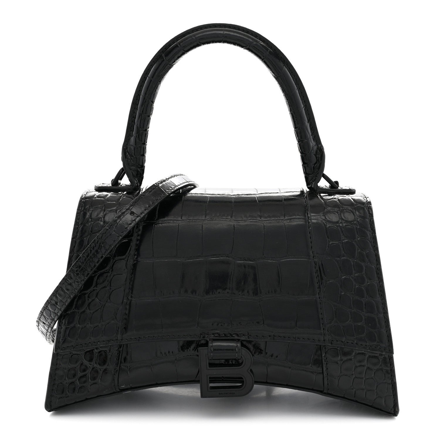 Balenciaga Shiny Calfskin Monochrome Crocodile Embossed Small Hourglass Top Handle Bag Black
