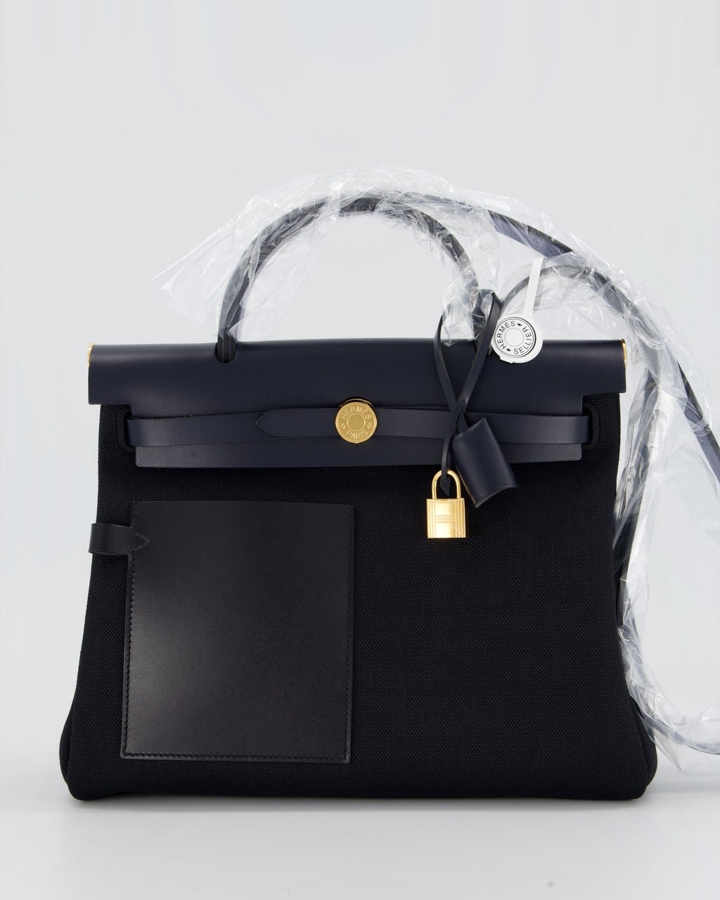 *HOT & RARE* Hermès Herbag 31 Zip Pocket Cargo Bag in Bleu Indigo Toile Militaire Canvas, Noir/Bleu Indigo Vache Hunter Leather with Gold Hardware