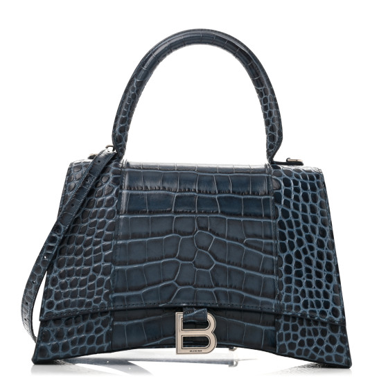Balenciaga Shiny Calfskin Crocodile Embossed Medium Hourglass Top Handle Bag Denim Blue