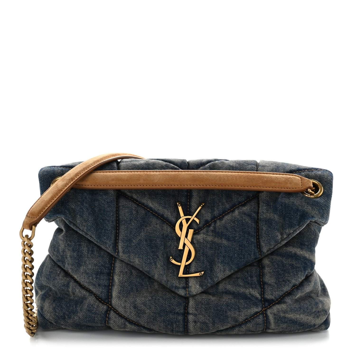 Saint Laurent Denim Quilted Small Loulou Puffer Monogram Chain Satchel Blue Cinnamon
