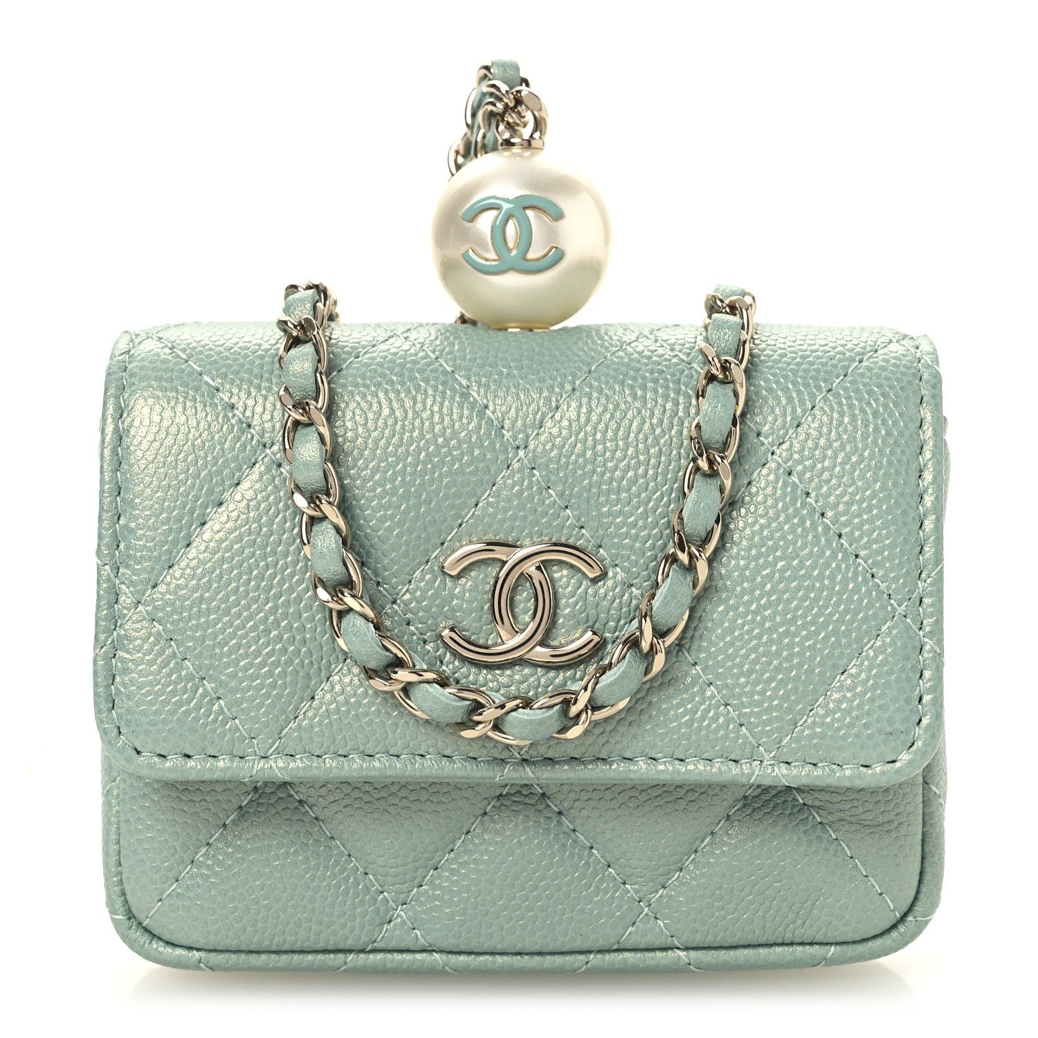 Chanel Iridescent Caviar Quilted Pearl On Top Coin Purse With Chain Light Green