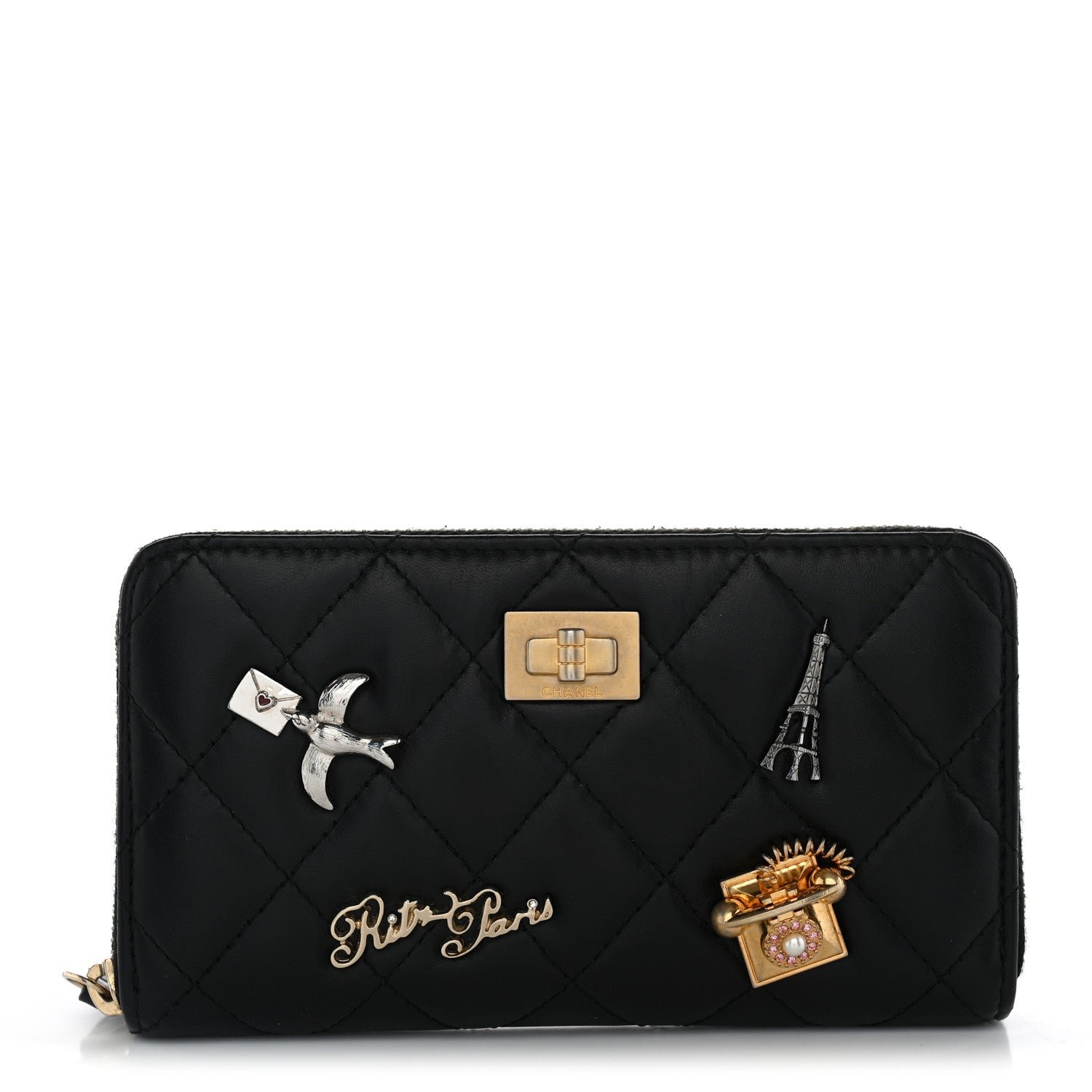 Chanel Aged Calfskin Quilted Small Lucky Charms 2.55 Reissue Zip Around Wallet Black