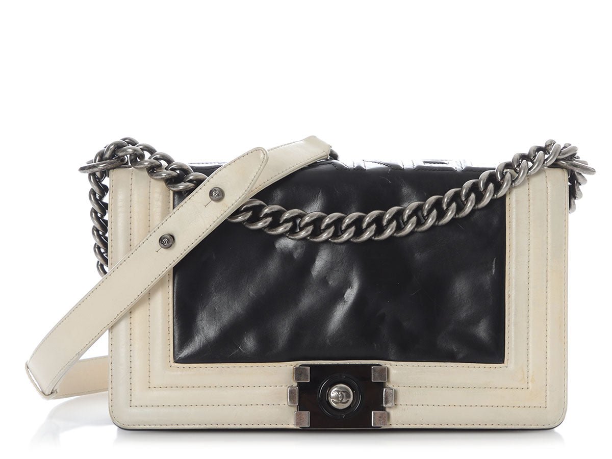 Chanel Black and Cream Glazed Calfskin Boy Bag