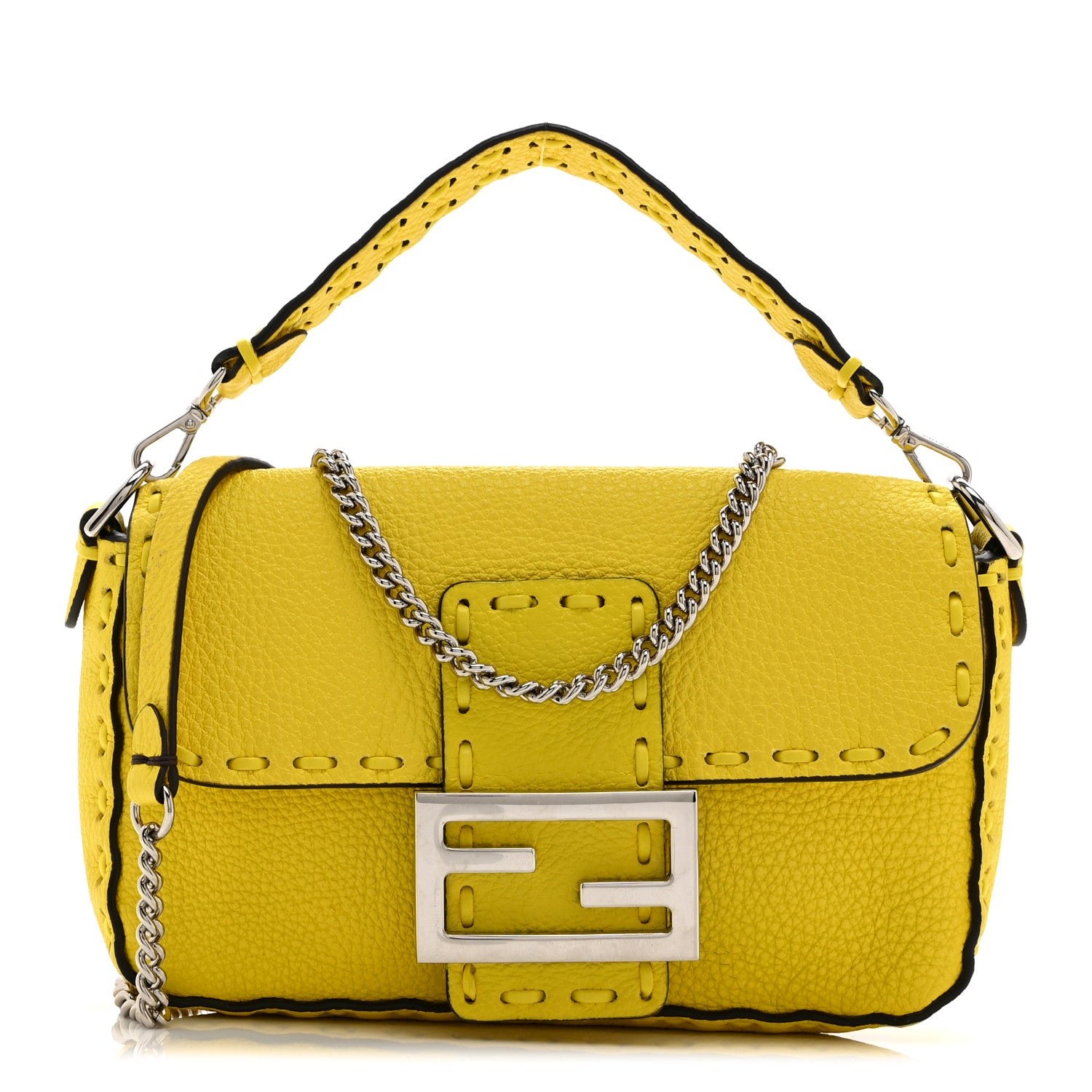 Fendi Fendi Cuoio Roma Sellerissima Nappa Sintetica Tape Stitch Mini Baguette Acid Yellow