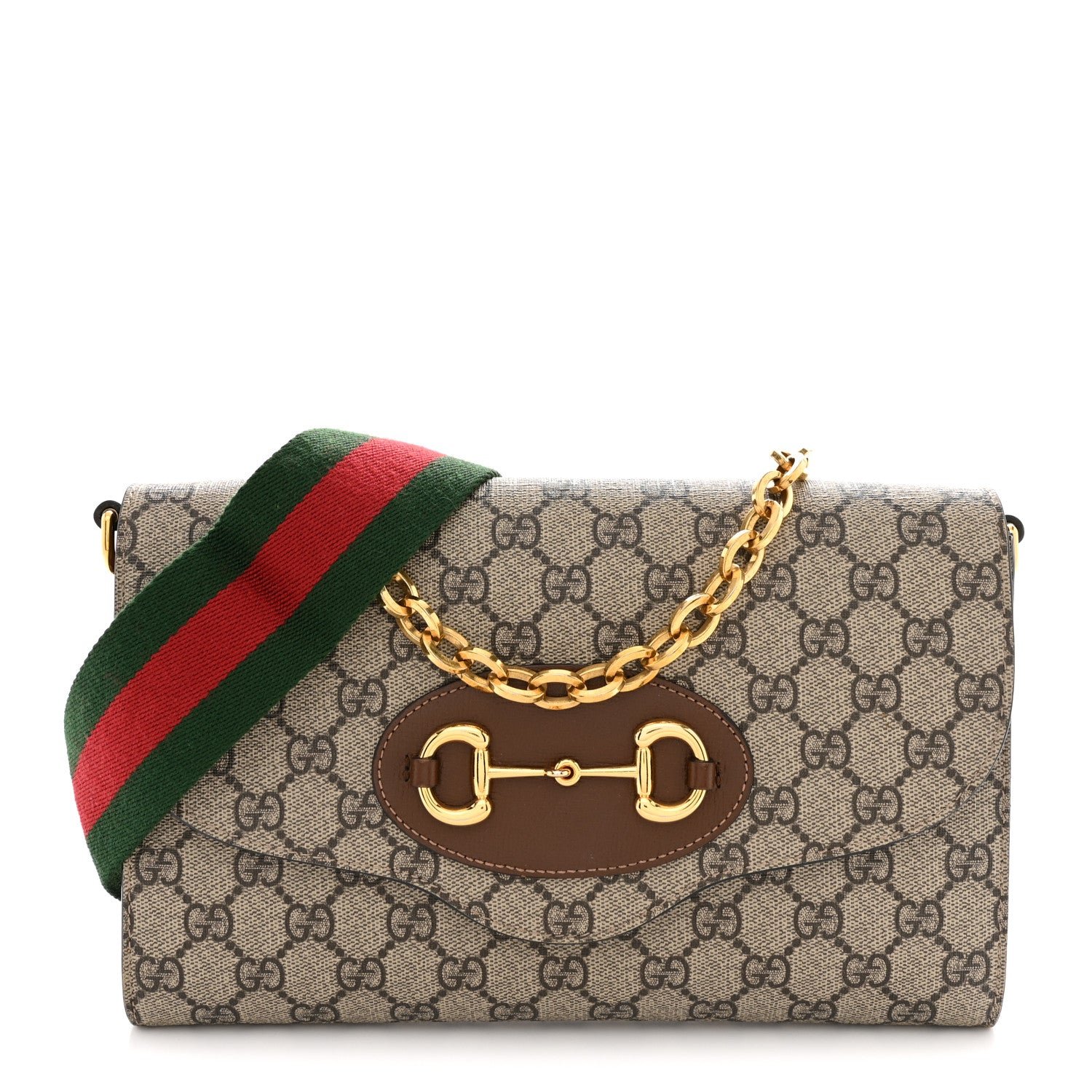Gucci GG Supreme Monogram Azalea Calfskin Web Small Horsebit 1955 Crossbody Bag Beige Ebony Brown Sugar