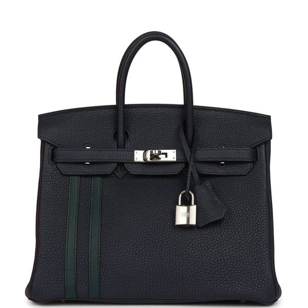 Hermes Pre-owned Hermes Officier Birkin 25 Bleu Nuit Togo and Vert Cypress Swift Palladium Hardware
