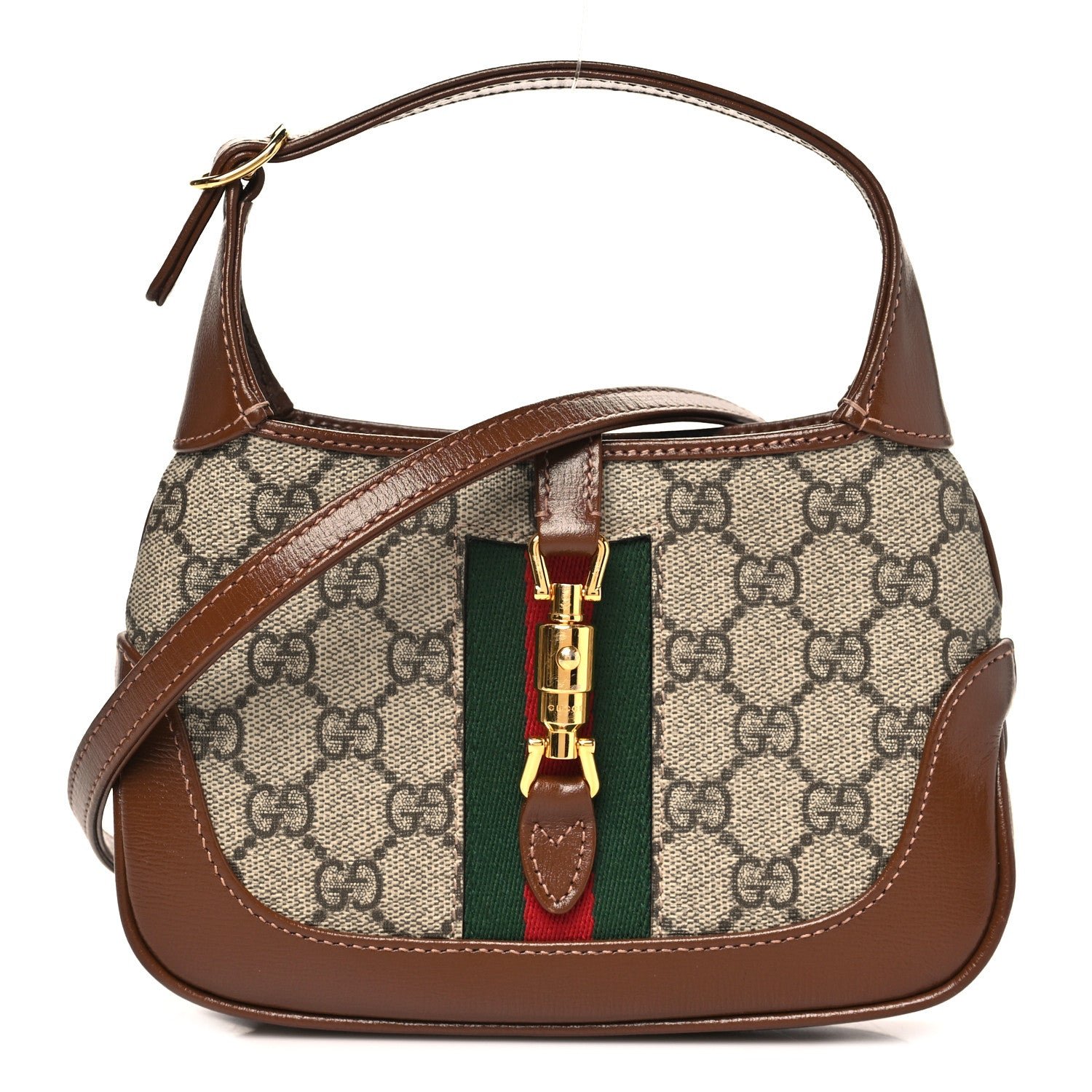 Gucci GG Supreme Monogram Azalea Calfskin Web Mini Jackie 1961 Hobo Beige Ebony Brown Sugar