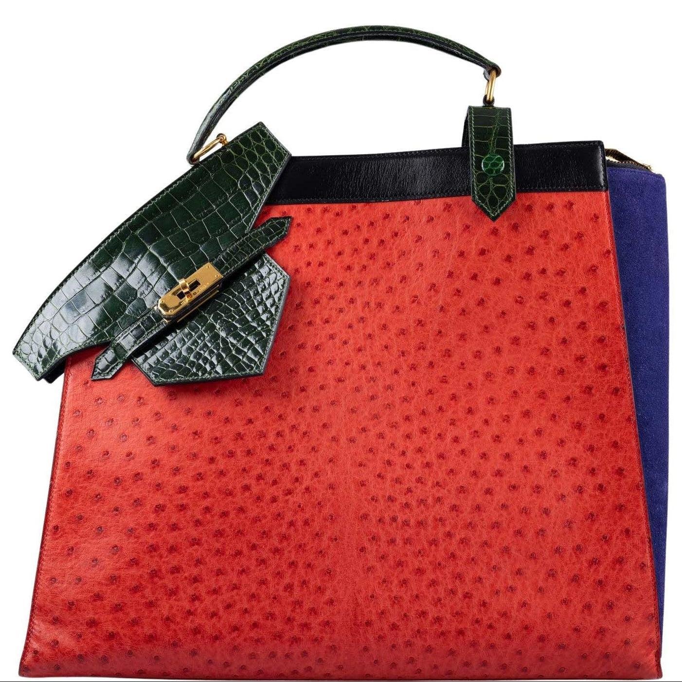 Hermes Hermès Sac Himalaya Symbiose Rouge Vif Ostrich, Doblis Suede, Box, and Porosus Crocodile Gold Hardware