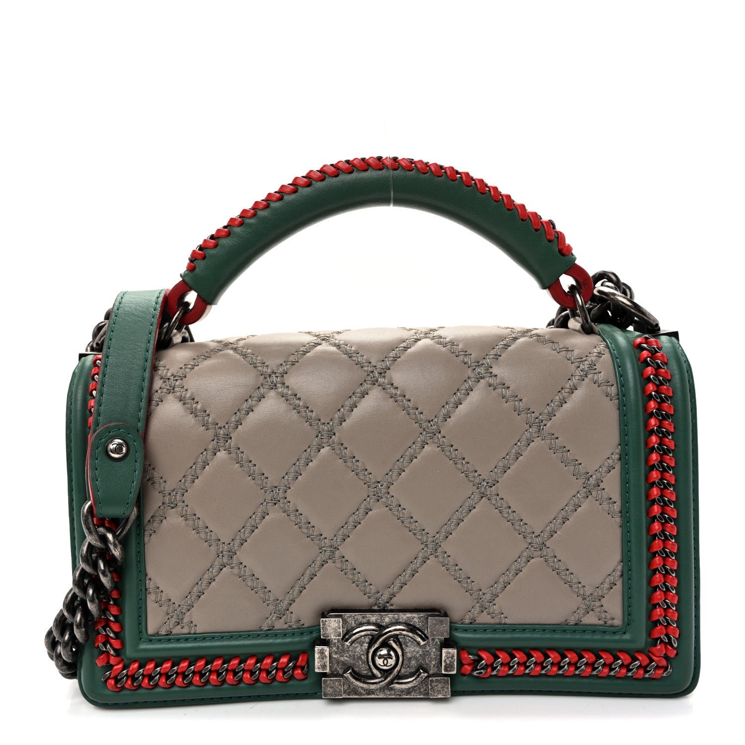 Chanel Lambskin Quilted Medium Top Handle Boy Flap Grey Green Red