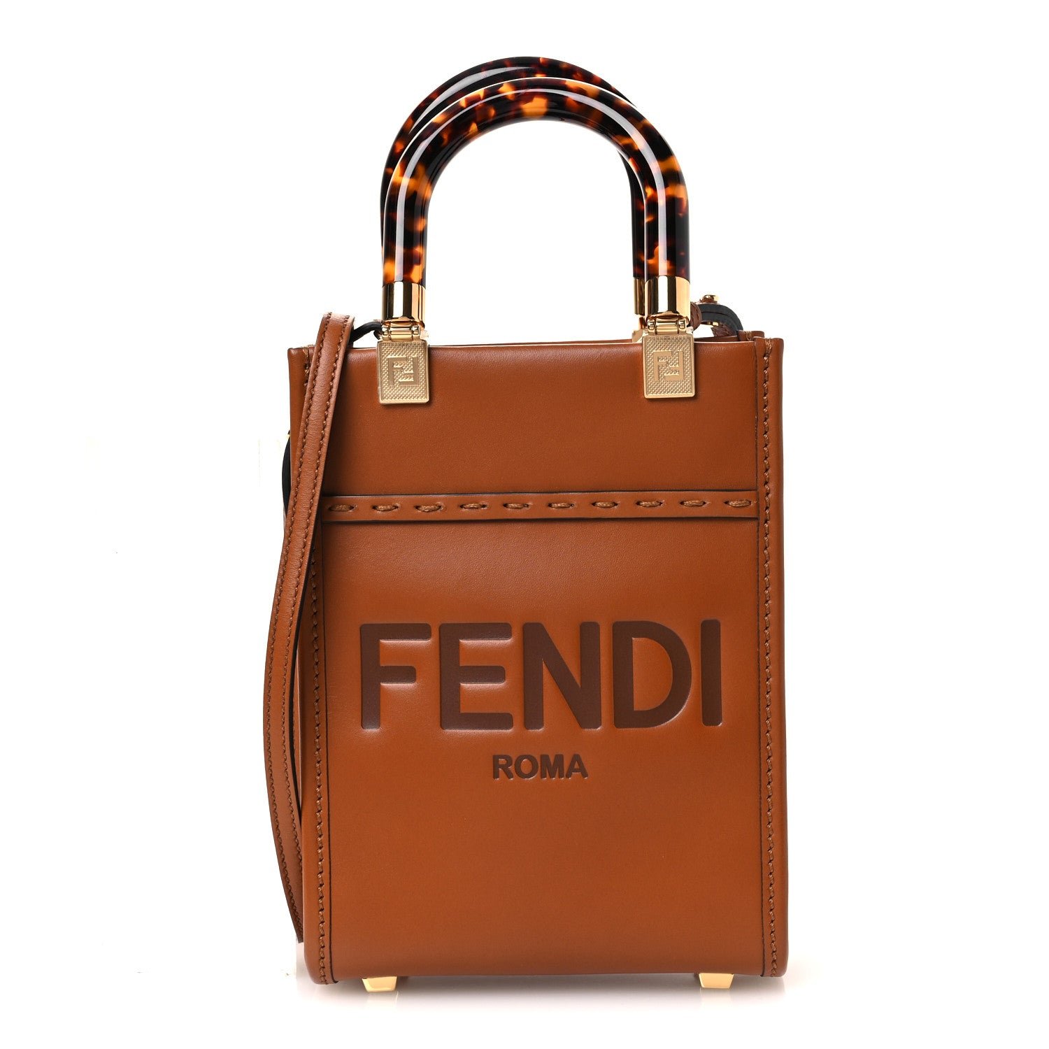 Fendi Vitello King Plexiglass Logo Embossed Mini Fendi Sunshine Shopper Tote Cuoio