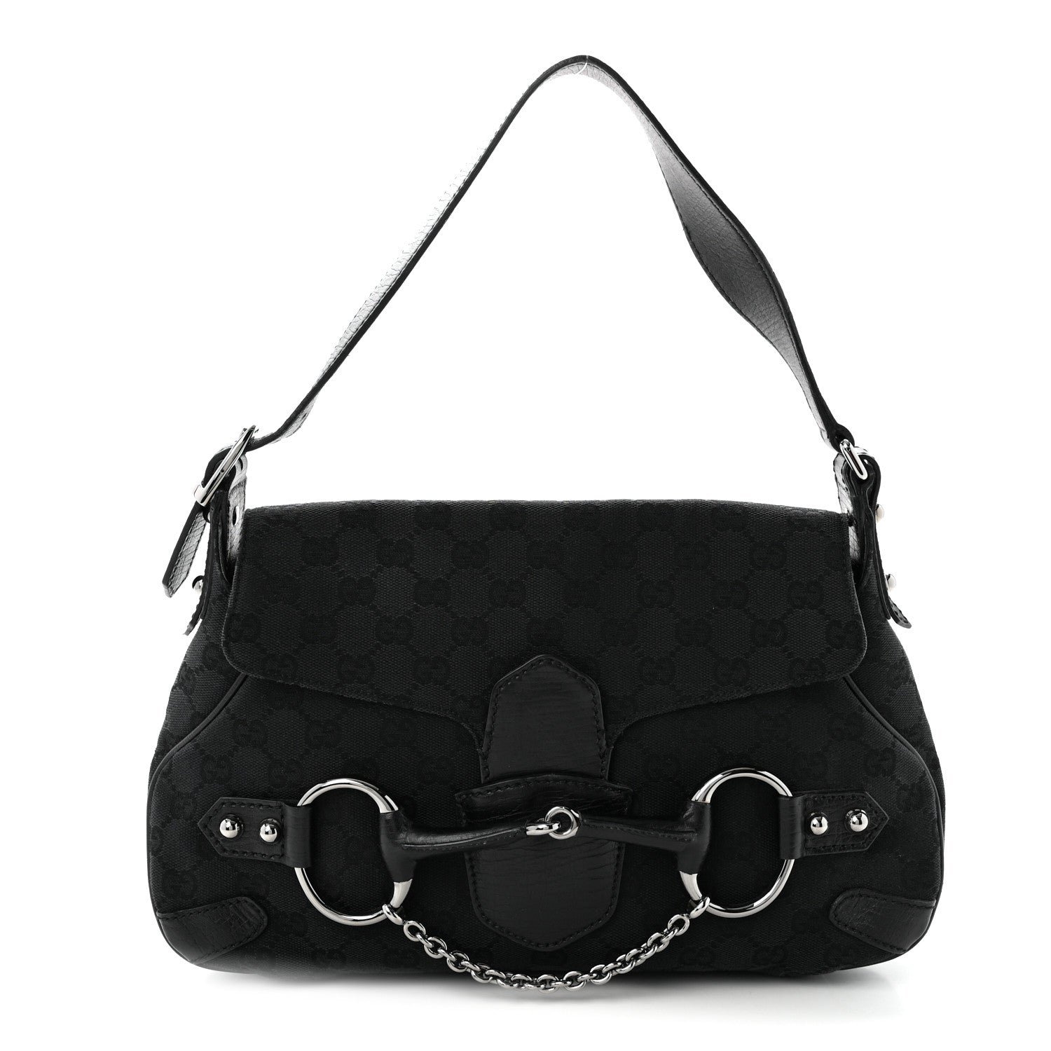Gucci Monogram Horsebit Chain Flap Shoulder Bag Black