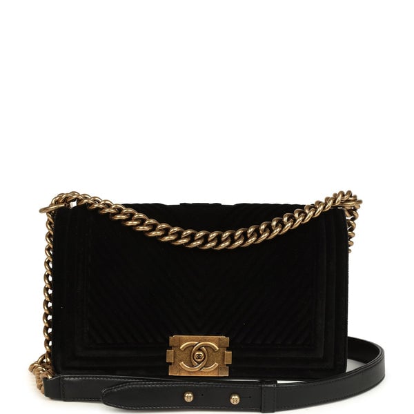 Chanel Pre-owned Chanel Medium Boy Bag Black Chevron Velvet Antique Gold Hardware
