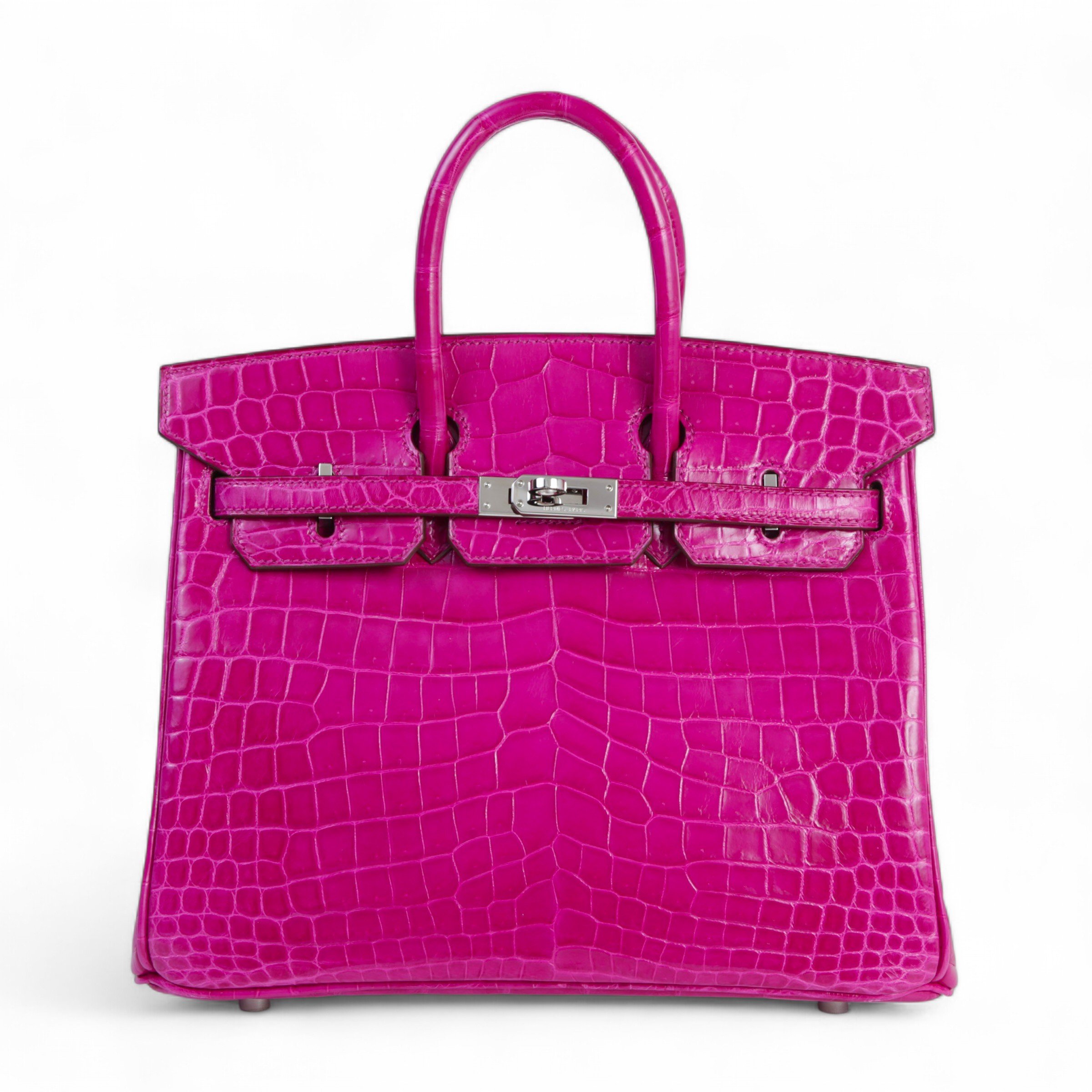Hermes Very Good ( Rank A) HERMÈS Birkin 25 Rose Scheherazade (J5) Shiny Niloticus Crocodile Palladium hardware Square Q (2013)